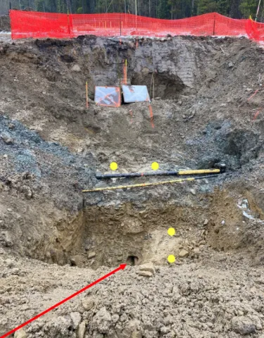 Red arrow showing location of line strike. Yellow dots  showing approximate location of workers at time of impact.